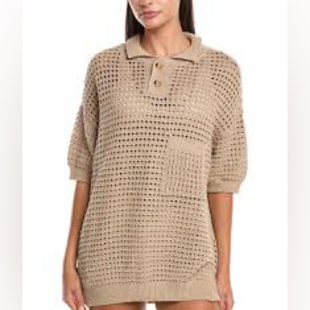 BiBi Beige Knit Mesh Top with Collar and Pocket